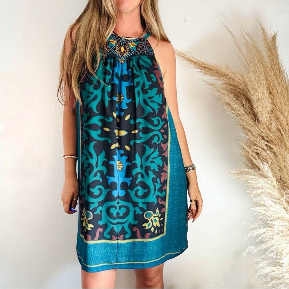 NEW ANTHROPOLOGIE Teal Black Floral Beaded Halter Mini $198 Tank Top Dress XL